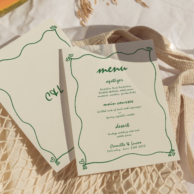 Retro Handwritten Whimsical Green Wedding Menu Invitation (Creator Uploaded)