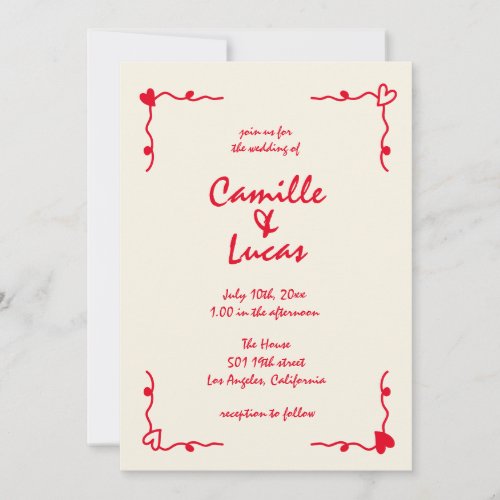 Retro Handwritten Whimsical Red Wedding  Invitation