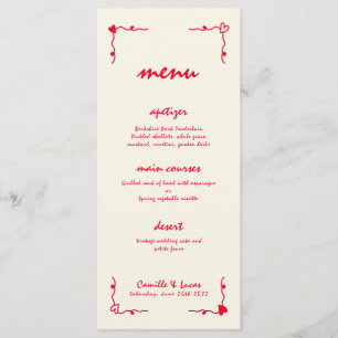 Retro Handwritten Whimsical Red Wedding Menu