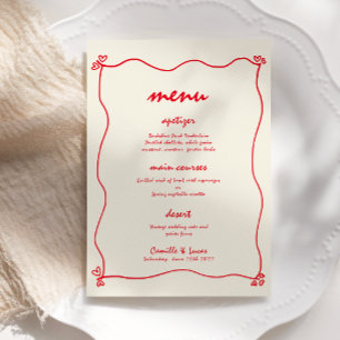 Retro Handwritten Whimsical Red Wedding Menu Invitation