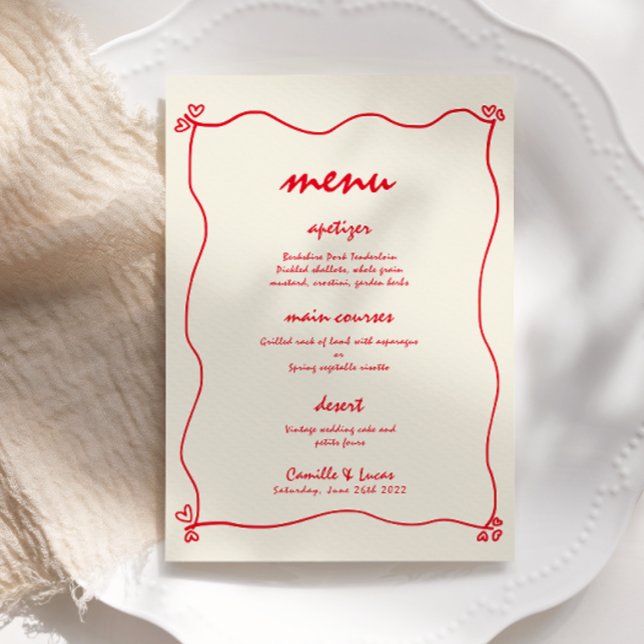 Retro Handwritten Whimsical Red Wedding Menu Invitation (Creator Uploaded)