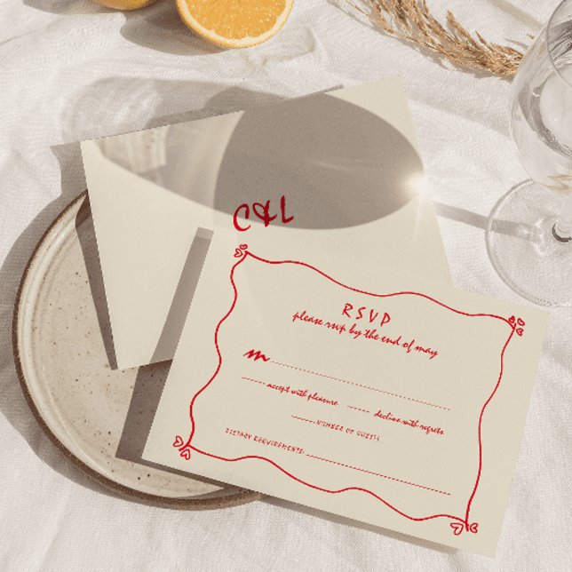 Retro Handwritten Whimsical Red Wedding  RSVP Card (Creator Uploaded)