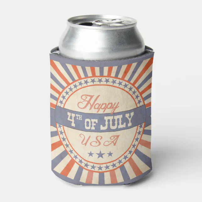 Retro Happy 4th Of July USA Stars Stripes Can Cooler | Zazzle