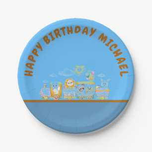 Retro Happy Birthday Animal Train Paper Plate