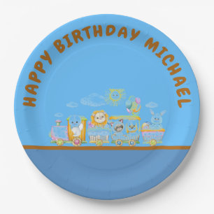 Retro Happy Birthday Animal Train Paper Plate