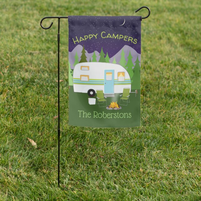 Retro Happy Camper Personalized Garden Flag (In SItu)