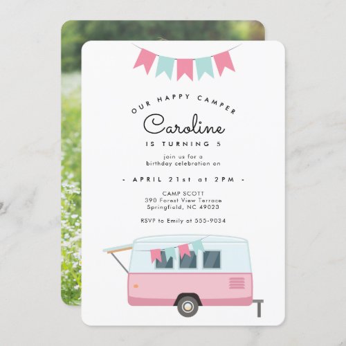 Retro Happy Camper Pink Birthday Invitation