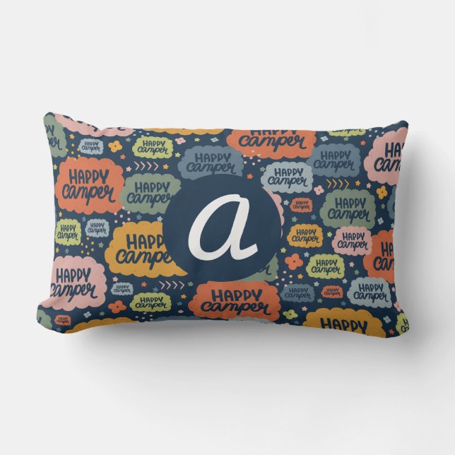 Retro Happy Camper, Playful Outdoor Monogram Lumbar Pillow (Front)