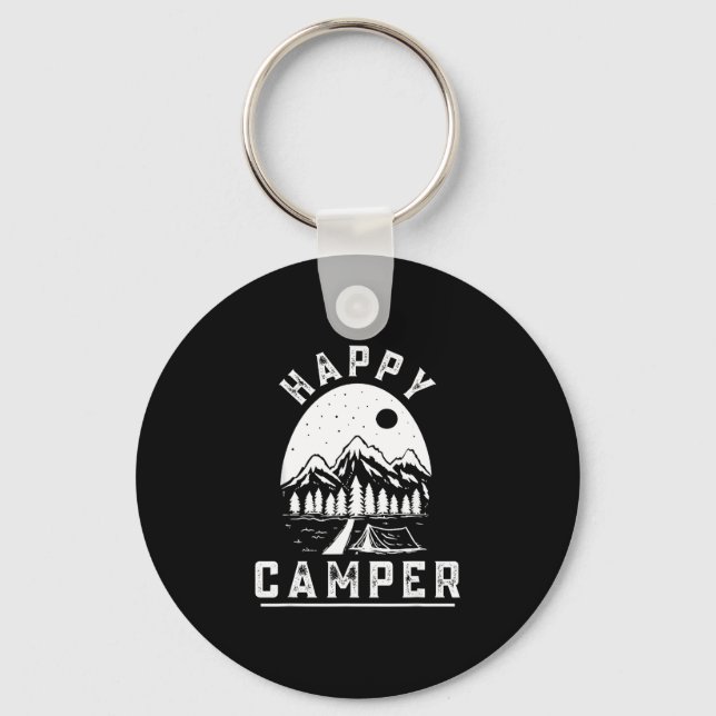 Retro happy camper tent pine forest mountain keychain (Front)