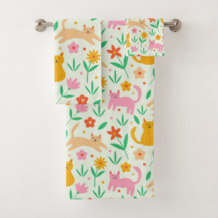 Retro Happy Cats with Orange Red and peach flowers Bath Towel Set