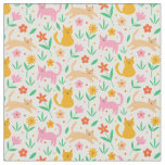 Retro Happy Cats with Orange Red and peach flowers Fabric