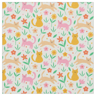 Retro Happy Cats with Orange Red and peach flowers Fabric