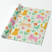 Retro Happy Cats with Orange Red and peach flowers
