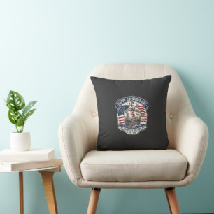 Retro Happy Columbus Day Caravel Ship and USA Flag Throw Pillow