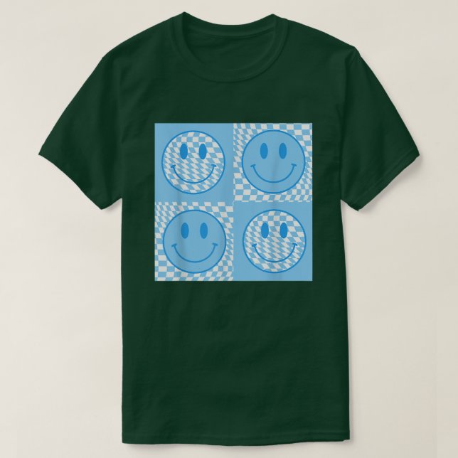 Retro Happy Face Checkered Blue Smile Face Trendy  T-Shirt (Design Front)