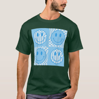 Retro Happy Face Checkered Blue Smile Face Trendy  T-Shirt