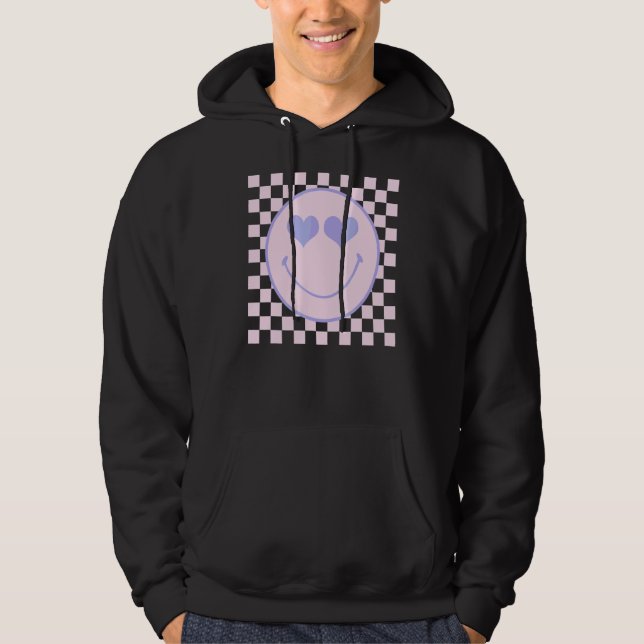 Retro Happy Face  Checkered Pattern Happy Face Tre Hoodie (Front)