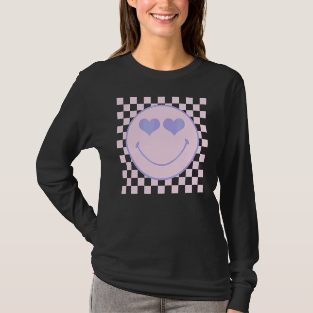 Retro Happy Face  Checkered Pattern Happy Face Tre T-Shirt (Front)