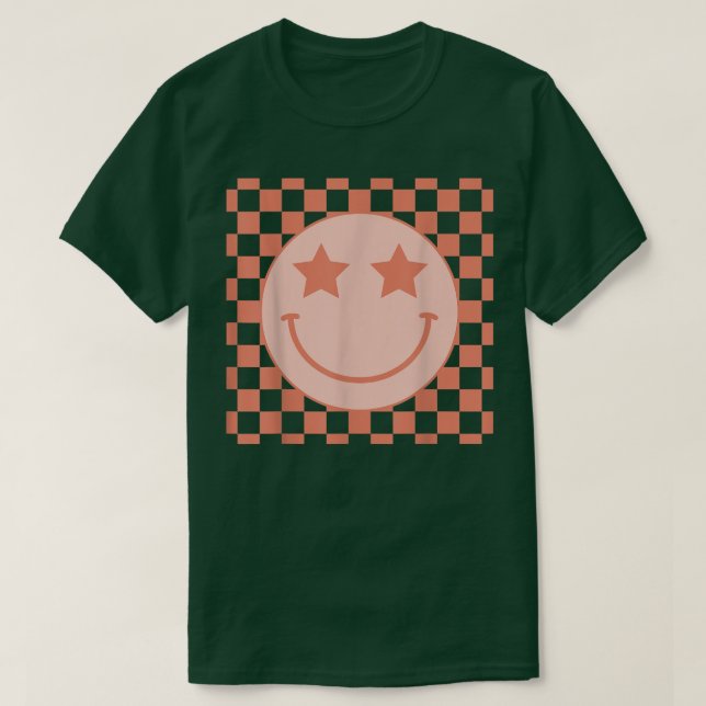 Retro Happy Face Checkered Pattern Preppy Aestheti T-Shirt (Design Front)