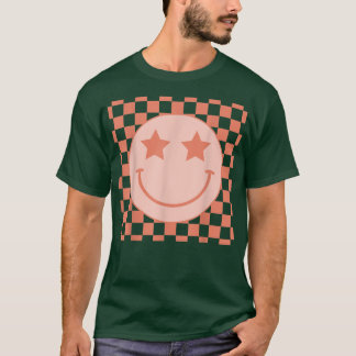 Retro Happy Face Checkered Pattern Preppy Aestheti T-Shirt