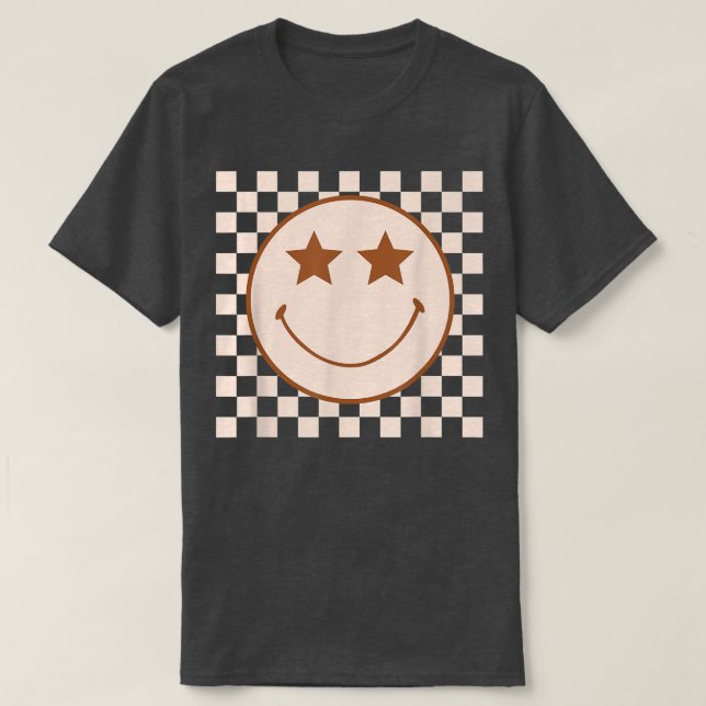 Retro Happy Face Checkered Pattern  Smile Face Tre T-Shirt (Design Front)
