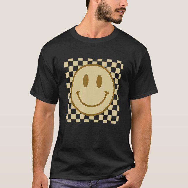 Retro Happy Face  Checkered Pattern Smile Face Tre T-Shirt (Front)
