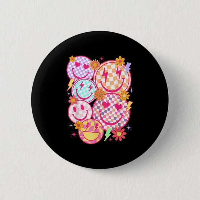 Retro Happy Face Checkered Pattern Smile Face Tren Button (Front)