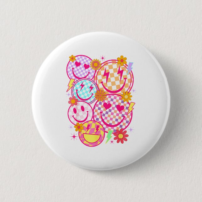 Retro Happy Face Checkered Pattern Smile Face Tren Button (Front)