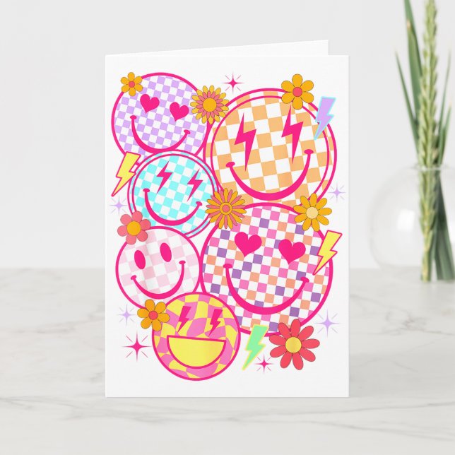 Retro Happy Face Checkered Pattern Smile Face Tren Card (Front)