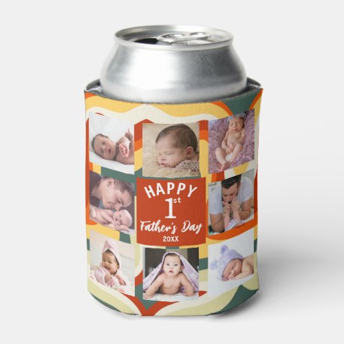 Retro Happy First Fathers Day 8 Photo Collage Can Cooler