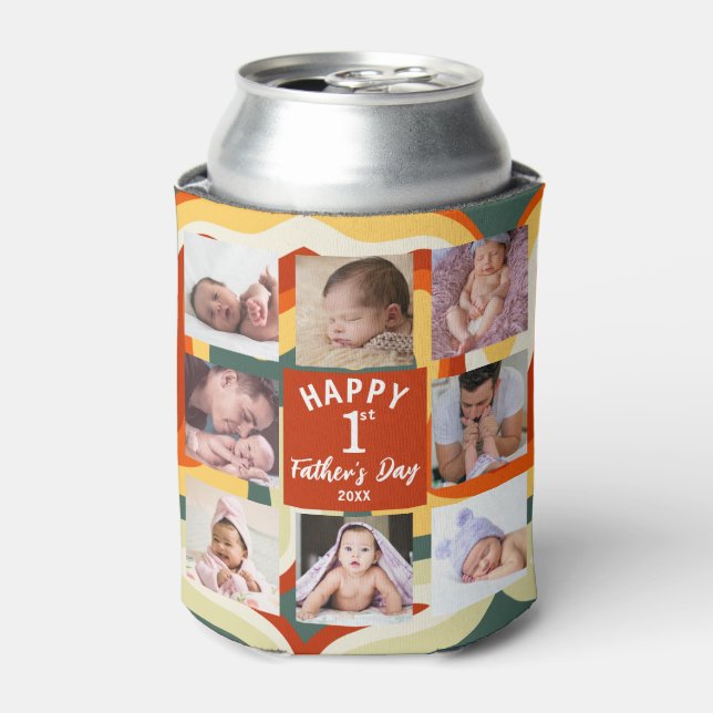 Retro Happy First Father's Day 8 Photo Collage Can Cooler (Can Front)