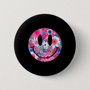 Retro Happy Flowers Smile Face Groovy Boho Design Button