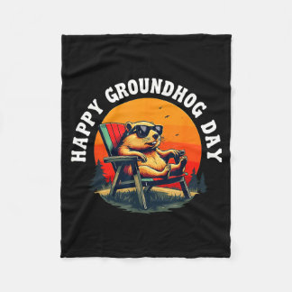 Retro Happy Groundhog Day Funny Ground Hog Sunset Fleece Blanket