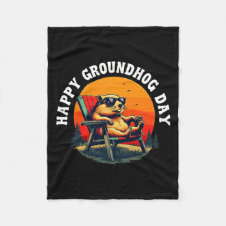 Retro Happy Groundhog Day Funny Ground Hog Sunset Fleece Blanket