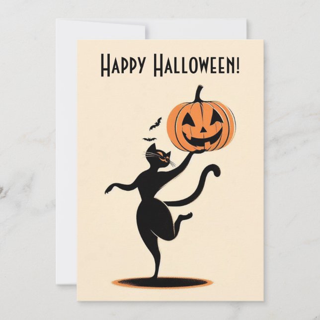 Retro Happy Halloween Dancing Black Cat Pumpkin Holiday Card (Front)