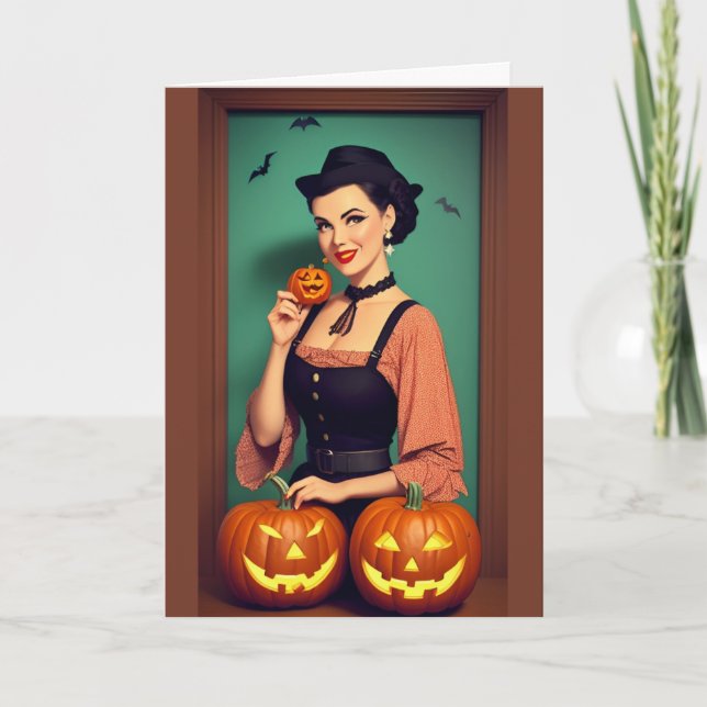 Retro Happy Halloween Lady with Pumpkins Card (Front)