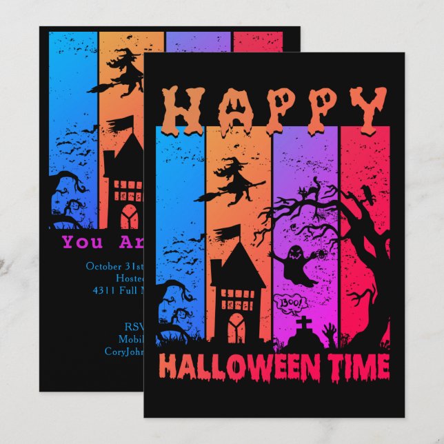 Retro Happy Halloween Witch House Ghost Cemetery Invitation (Front/Back)
