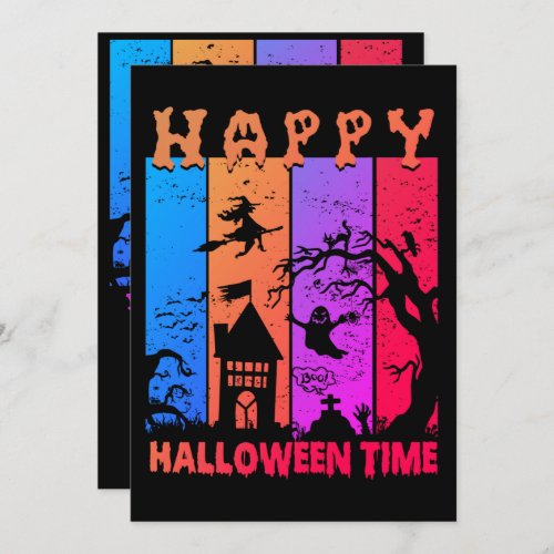 Retro Happy Halloween Witch House Ghost Cemetery Invitation