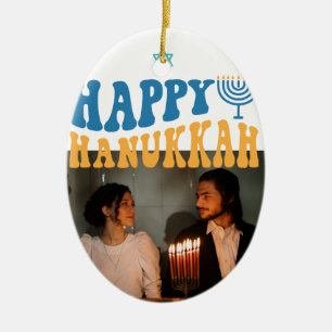 Retro Happy Hanukkah Personalized Photo Ceramic Ornament