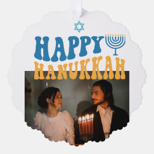 Retro Happy Hanukkah Personalized Photo Ornament Card