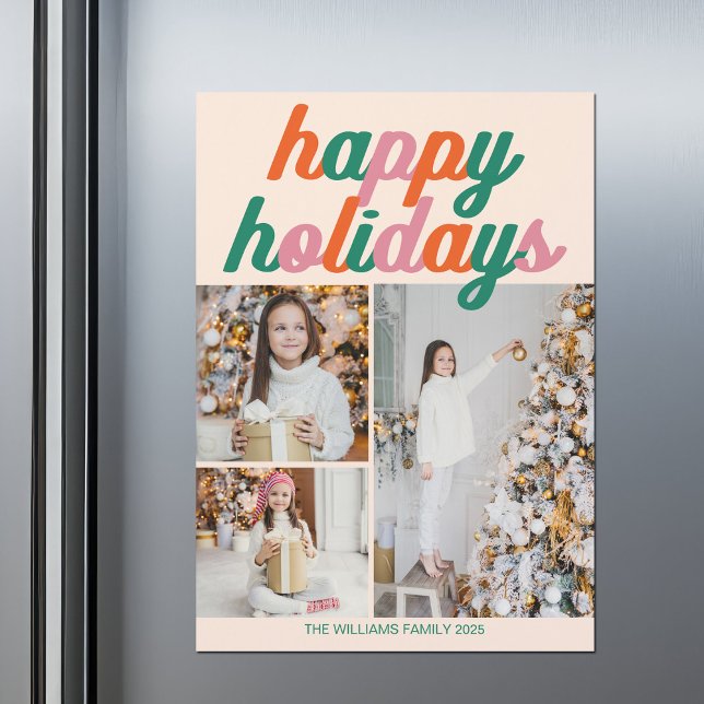 Retro Happy Holidays 3 Photo Collage Magnet Card (Creator Uploaded)