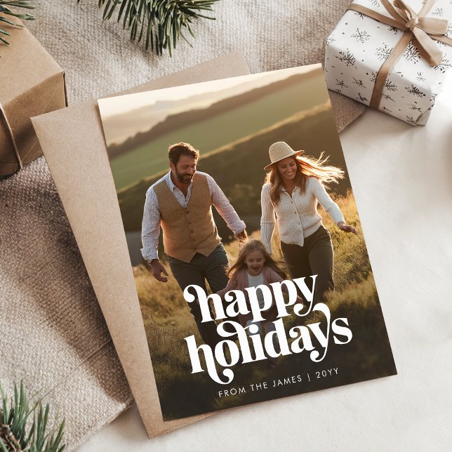 Retro Happy Holidays Christmas Vertical Photo Holiday Card (Creator Uploaded)