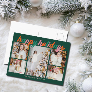 Retro Happy Holidays Cute Green Photo Collage Holiday Postcard