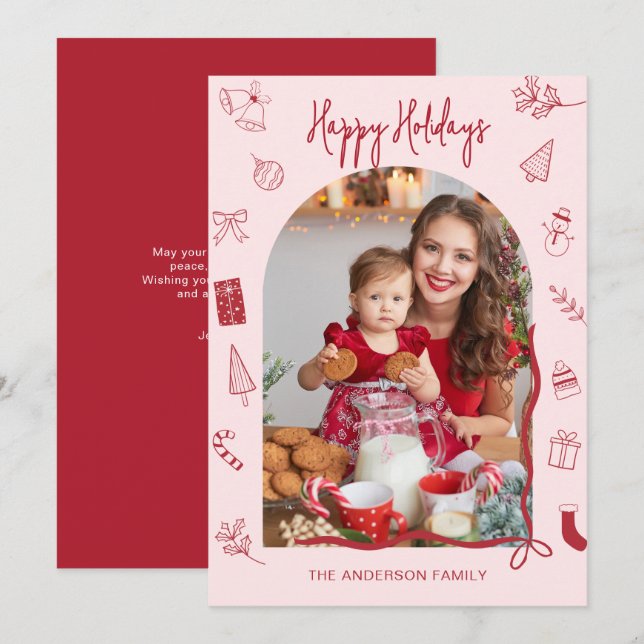 Retro Happy Holidays Photo Hand Drawn Holiday Card (Front/Back)