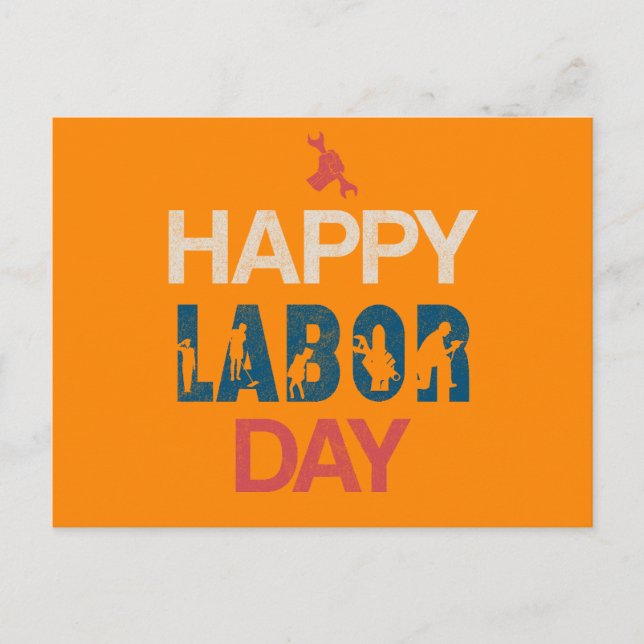 Retro Happy Labor Day In Retro Blue Holiday Postcard (Front)