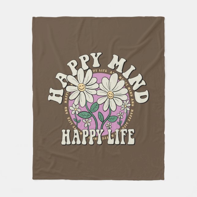 Retro Happy Mind Happy Life Fleece Blanket (Front)