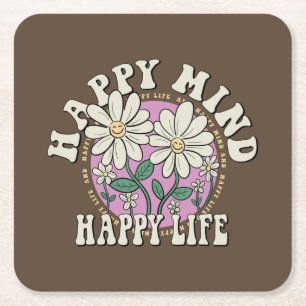 Retro Happy Mind Happy Life Square Paper Coaster