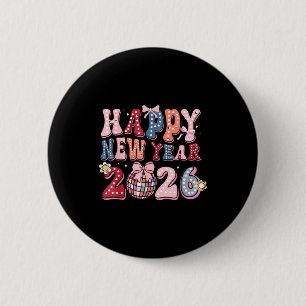 Retro Happy New Year 2026 Coquette Bow Disco Ball Button