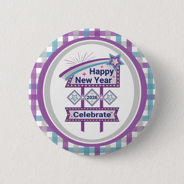 Retro Happy New Year Sign – Celebrate Marquee Button (Front)