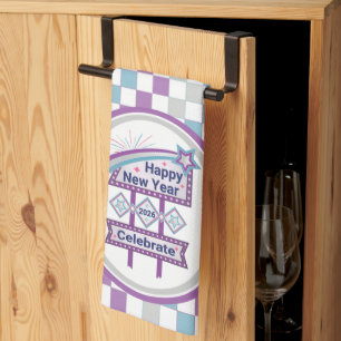 Retro Happy New Year Sign – Celebrate Marquee Kitchen Towel